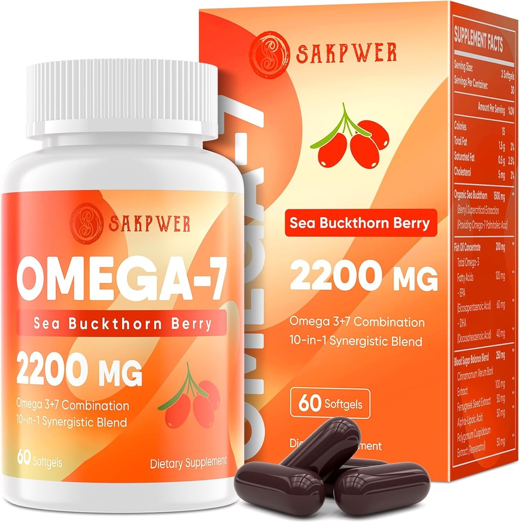 Omega-7 Huile de Buckthorn de mer - avec Omega-3 EPA/DHA Huile de poisson, Cinnamomum, Fenugreek, ALA, Thé vert, Cayenne Pepper, Turmeric, Resvératrol, Black Pepper - Sans gluten, 60 Softgels