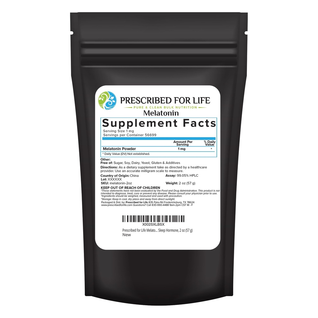 Prescribed For Life Melatonin Powder, Natural Melatonin for Adults, Rich in Antioxidants, Gluten Free, Vegan, Non GMO, Kosher, No Fillers (2oz / 56g)