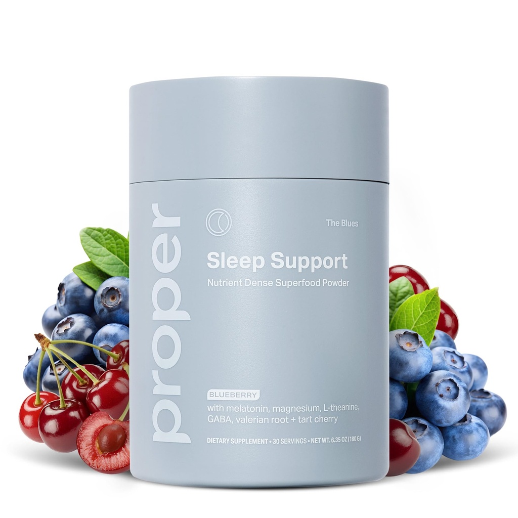 Proper, The Blues Sleep Aid – Nutrient-Dense Superfood Powder with + Melatonin, Magnesium, L-Theanine, GABA, Valerian Root & Tart Cherry – Calm Supplement for Nighttime Relaxation & Sleeping