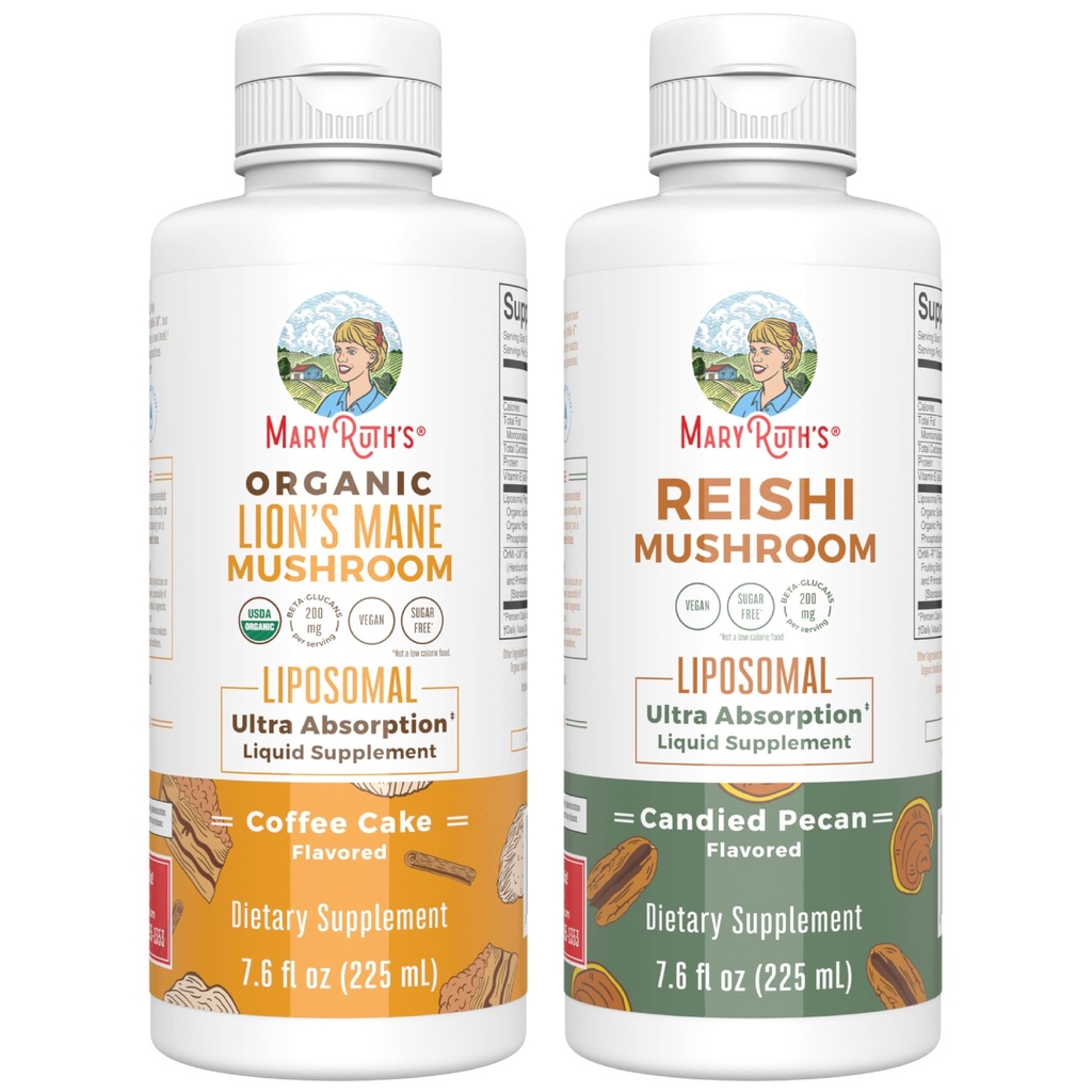 MaryRuth Organics Lion's Mane Liposomal (Cake au café) & Reishi Mushroom (Pécan Candé)