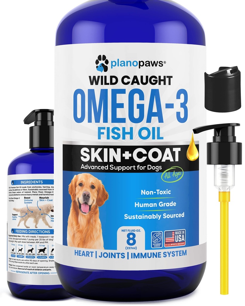 Omega 3 Huile de poisson pour chiens - Meilleur que l'huile de saumon - Supplément d'huile de poisson pour chiens pour réduire le défrichement et les démangeaisons - Soutient la santé des articulations, du cerveau et du coeur - Supplément de peau et de manteau - Huile de poisson liquide