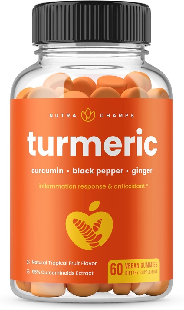 NutraChamps Gummies curcuma pour adultes et enfants avec Ginger & Black Pepper Extract, 95% Curcuminoïdes, Vegan Natural Curcumin Joint Support Supplément, Tumeric Gummy Suppléments