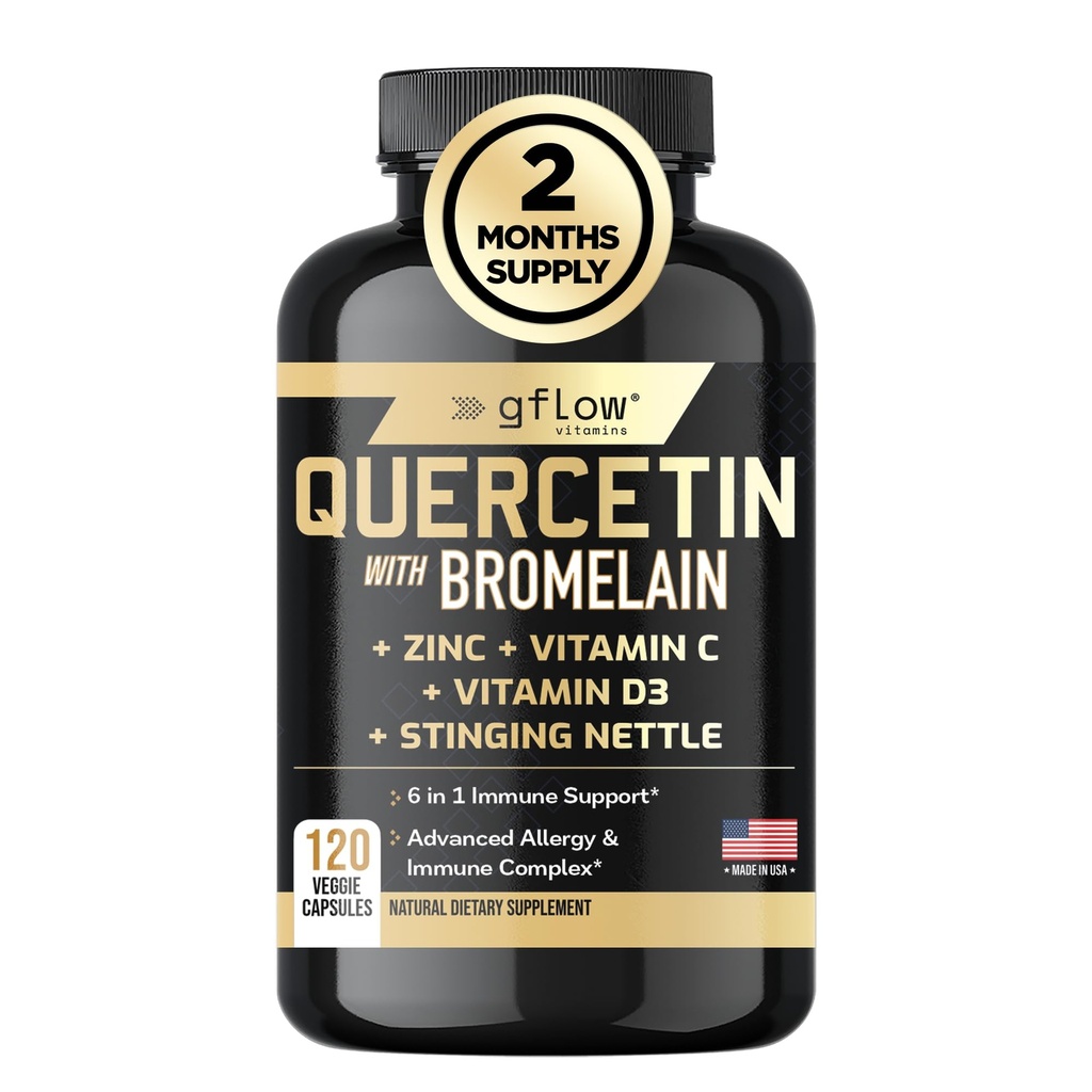 Quercetin avec bromelain, supplément à la bouteille, vitamine C de zinc vitamine D.O.M., sans gluten Fabriqué aux États-Unis