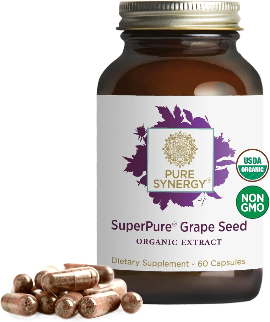 Pure Synergy SuperPure Graines de raisin Extrait de phénols de graines de raisins organiques avec des fruits entiers pour la santé cardiaque, la peau et le vieillissement en santé (60 capsules)