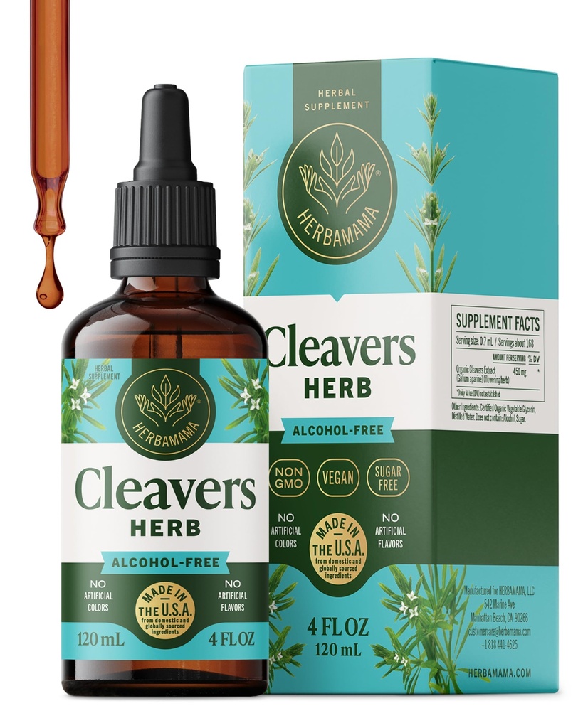 HERBAMAMA Cleavers Lymphatic Drainage Drops - Vegan Natural Detox & Cleanse Support with Cleavers Leaf Extract Liquid - Non-GMO, Alcohol & Sugar-Free Herbal Supplement, 84-Day Supply