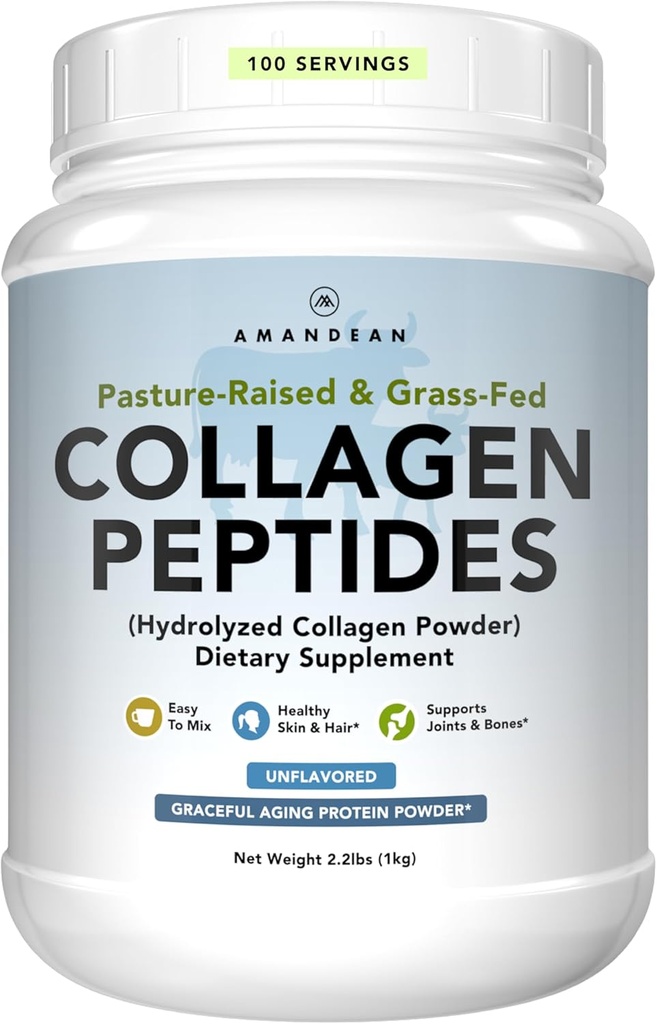 AMANDEAN Collagen Peptides Powder 1kg. Grass-Fed, Enzymatically Hydrolyzed, Type 1 & 3. Agglomerated, Easy to Mix, Unflavored, Non-GMO. Protein with 18 Amino Acids for Healthy Skin, Hair, Nails.