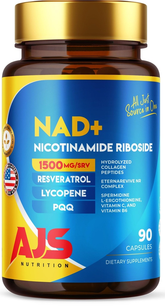 AJS NAD+ Cellular Energy – NR Supplement with PQQ, Resveratrol, Lycopene, Spermidine, L-Ergothioneine, and Collagen Peptides – 90 Capsules for Cellular Support