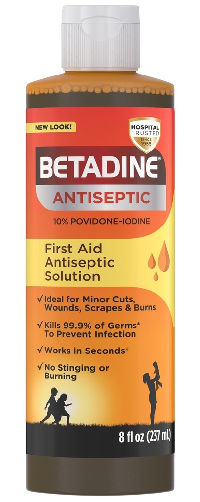 Solution de premiers soins antiseptiques Bétadine, Povidone-iode 10%, Protection contre les infections, Tue les germes dans les coupures mineures et brûle, Pas de promesse, Pas d'alcool ou de peroxyde d'hydrogène, 8 FL OZ