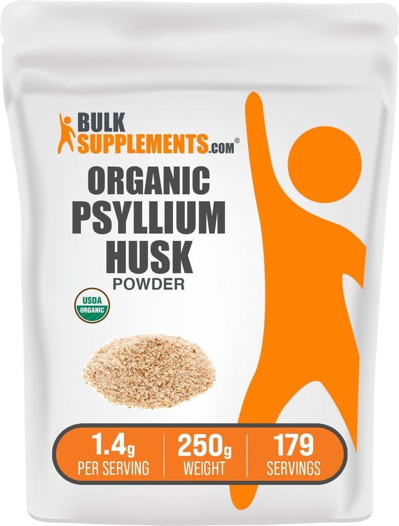 BulkSupplements.com Poudre de musc de Psyllium biologique - Poudre de musc de Psyllium pour cuisson, Supplément de fibre - Sans gluten, 1,4g par portion, 250g (8,8 oz) (paquet de 1)