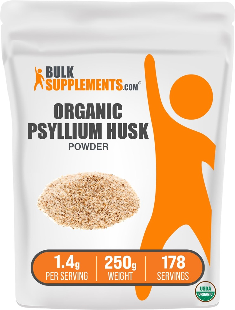 BulkSupplements.com Poudre de musc de Psyllium biologique - Poudre de musc de Psyllium pour cuisson, Supplément de fibre - Sans gluten, 1,4g par portion, 250g (8,8 oz) (paquet de 1)