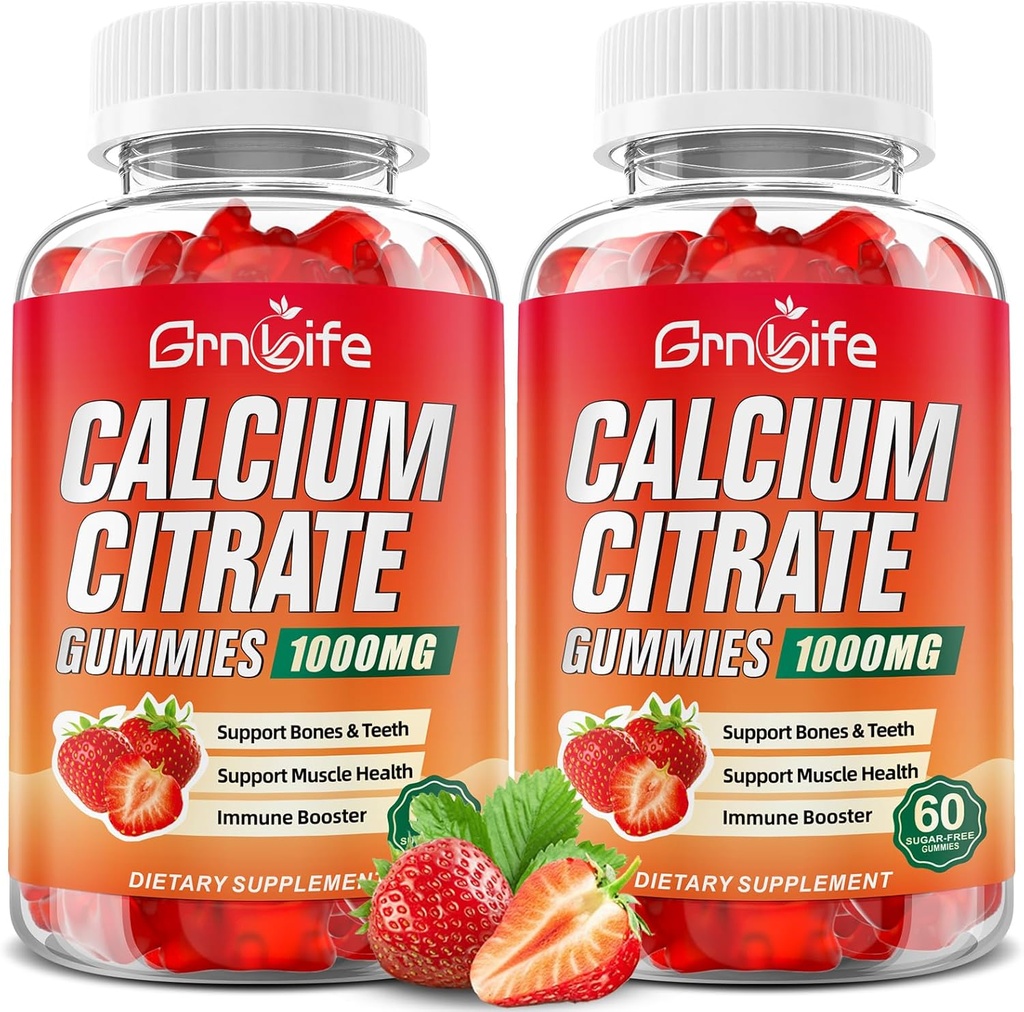 2 Pack Citrate de calcium Gommies, sans sucre Citrate de calcium 1000mg pour les muscles sains, Absorption Suppléments de calcium pour les adultes et les enfants, Fraise, 120 Compte