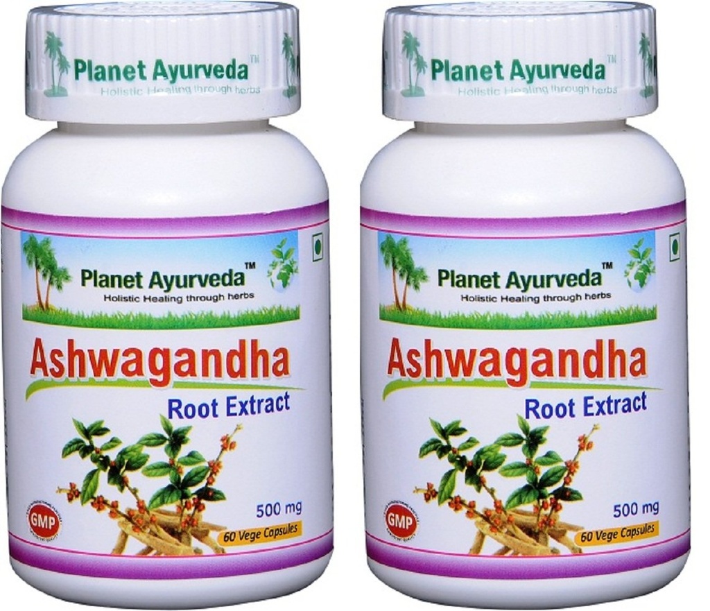 Planet Ayurveda Ashwagandha, 500mg Veg Capsules - 2 Bottles