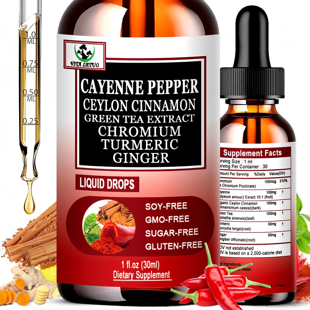 Cayenne Pepper Drops, High Absorption 6-in-1 Liquid Cayenne Pepper Supplement w/Ceylon Cinnamon, Green Tea Extract, Turmeric, Organic Liquid Drops Than Cayenne Capsules Powder