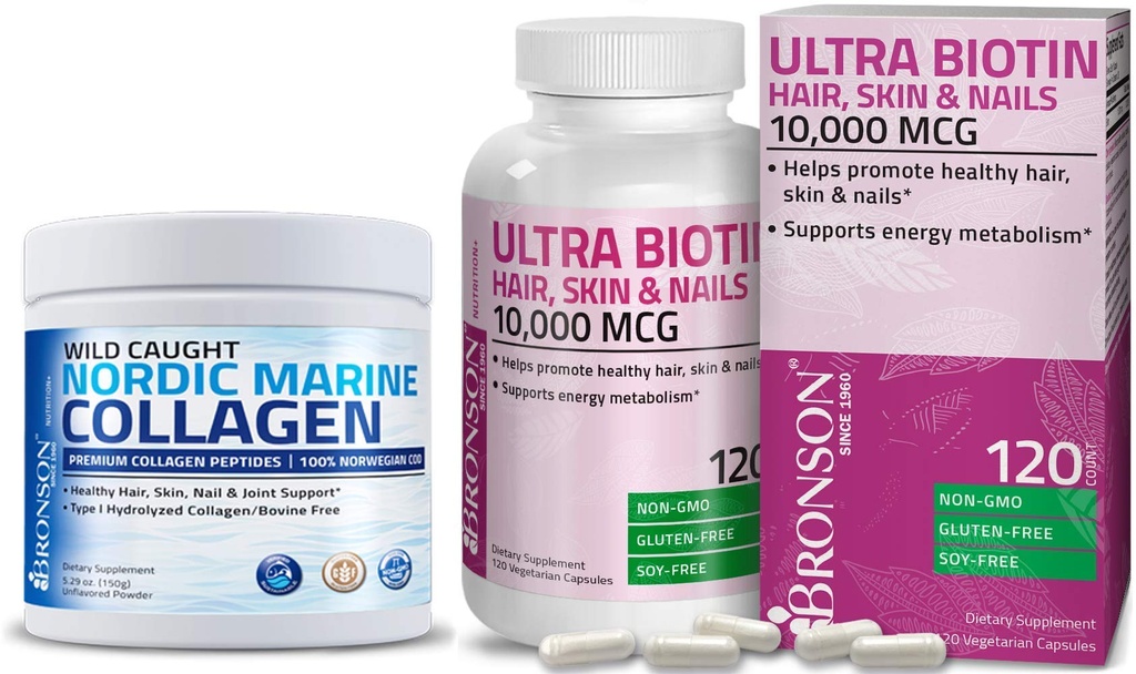 Bronson Marine Collagen Peptides Hydrolysed Protein Powder + Ultra Biotin 10 000 Mg Peau de cheveux et ongles Supplément