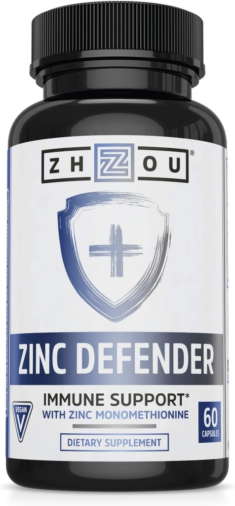 Zhou Zinc Defender - Suppléments de zinc pour les hommes et les femmes, 30mg par service pour la santé immunitaire et le soutien minéral, formule végétalienne pure - 60 capsules