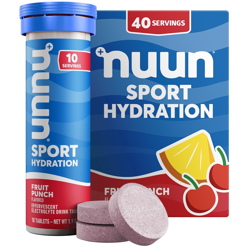 Tablettes électrolytiques Nuun Sport avec Magnésium, Calcium, Potassium, Chlorure et sodium, Sans gluten et végétalien, Punch aux fruits, 4 Pack (40 portions Total)