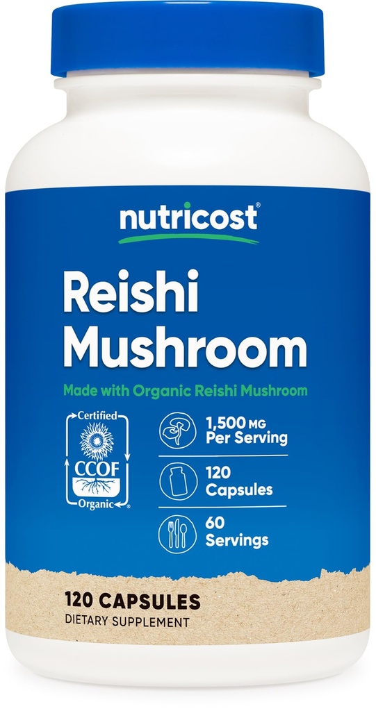 Nutricost Reishi Mushroom Capsules 1500mg, 60 Servings - CCOF Certified Made with Organic Reishi Mushroom, Vegetarian, Gluten Free, 750mg Per Capsule, 120 Capsules