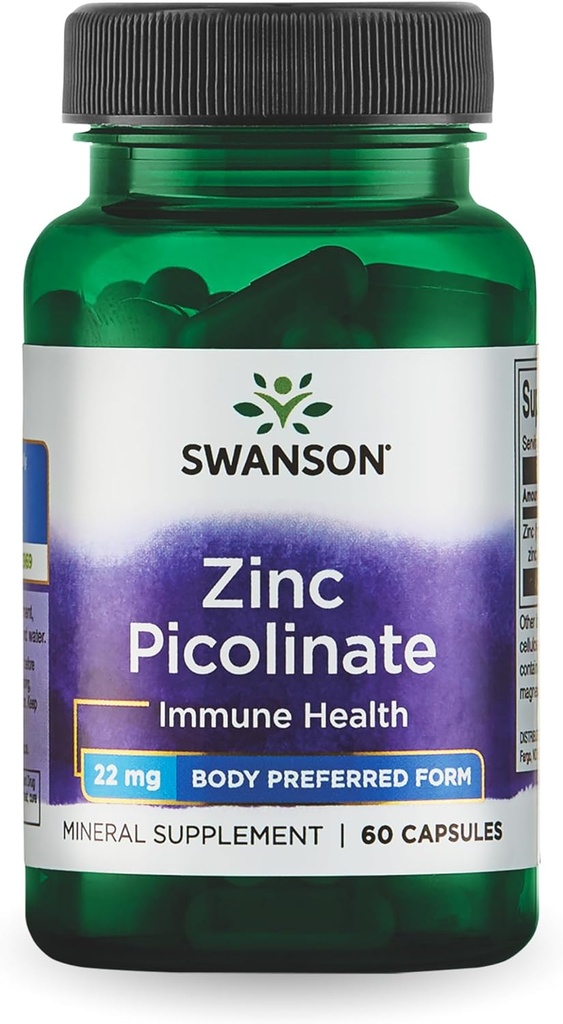 Picolinate de zinc de Swanson - supplément minéral favorisant la santé de la prostate, la santé de la vision et le soutien immunitaire - forme de zinc chélaté préférée du corps - (60 capsules, 22mg chacune)