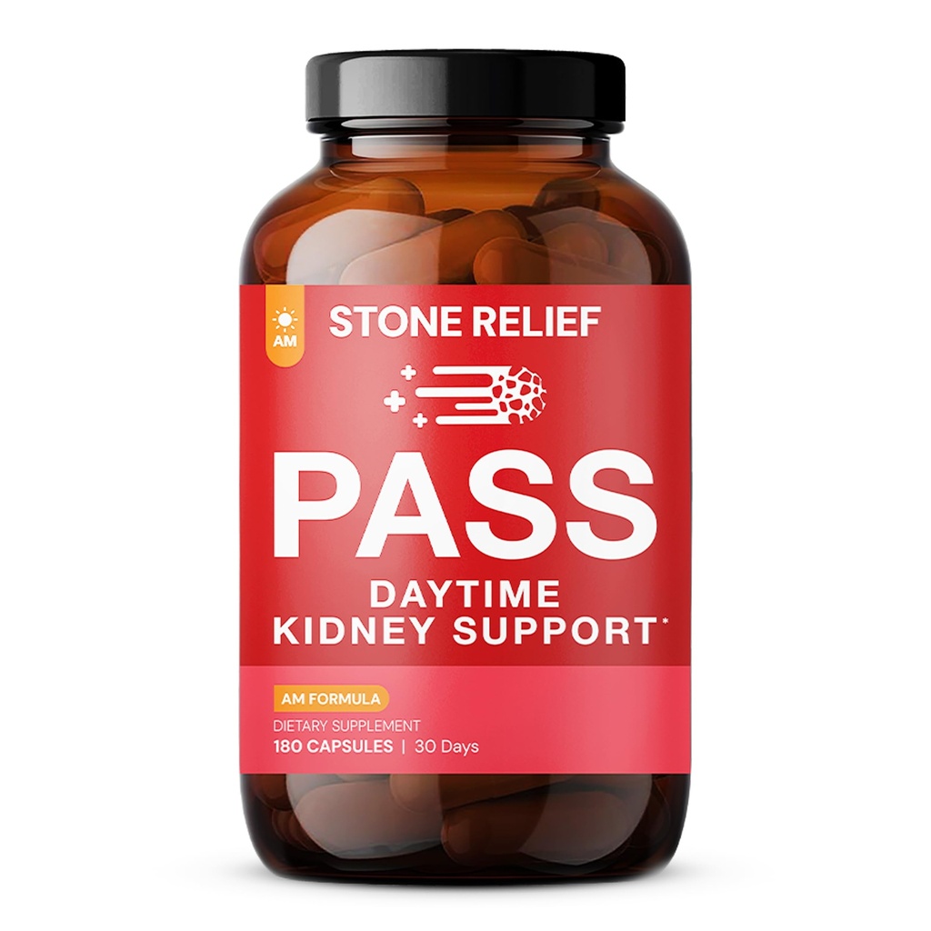 STONE RELIEF Pass AM – Soutien du rein à base de plantes diurnes pour le soulagement, le confort et l'augmentation du débit (180 Capsules + Catcheur de pierre + Guide imprimé)