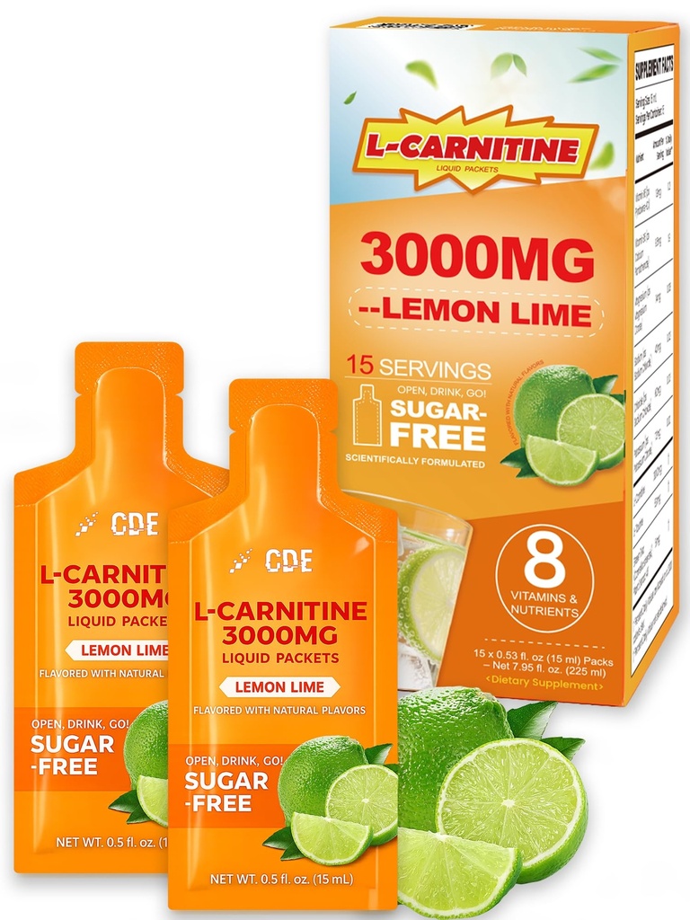 CDE Liquid L-Carnitine 3000mg Packets with Vitamin B5 B6 & Electrolytes - On-the-Go Travel Pouches for Pre-Workout Energy & Fat Metabolism - Fat Burner Formula, Sugar Free｜Lemon-Lime Flavor, 15 Count