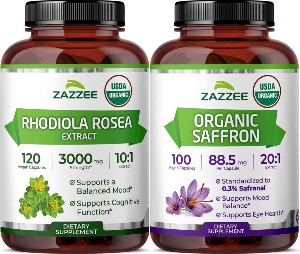 Zazzee Herbal Adaptogen Support Bundle | USDA Organic Saffron 20:1 Extract Plus 10:1 Rhodiola Rosea Extract Capsules | Non-GMO Vegan & ISO Lab Tested