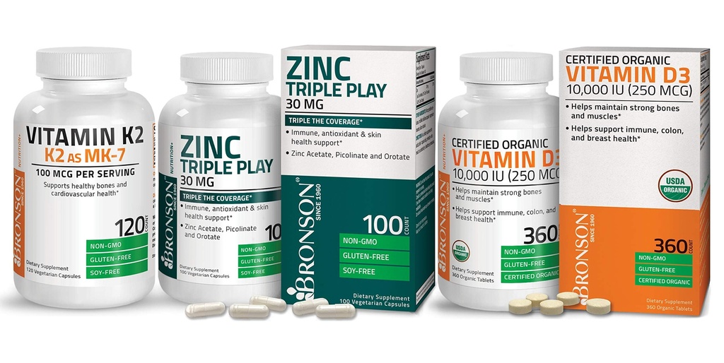 Bronson Vitamin K2 as MK-7 Menaquinone 100 mcg 120 Capsules + Vitamin D3 10,000 IU 360 Tablets + Zinc Triple Play 30 mg 100 Capsules