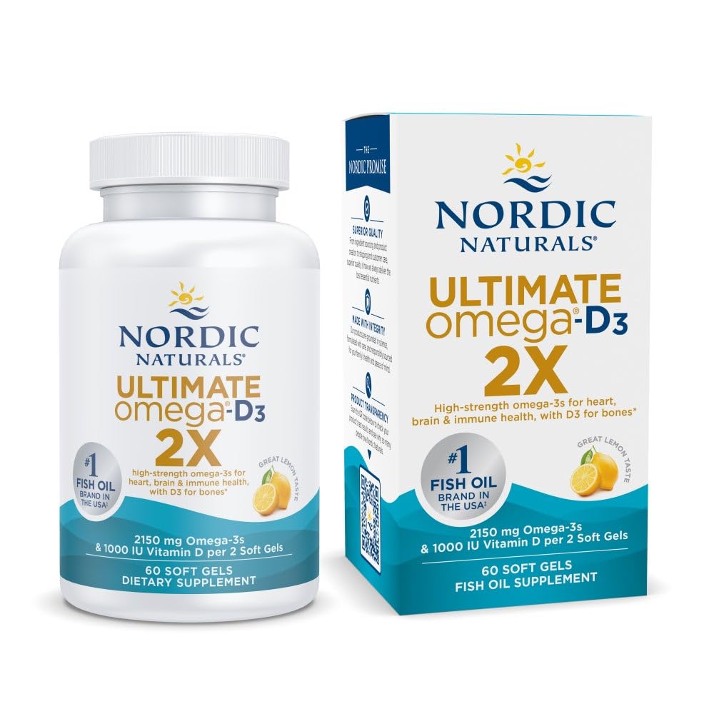 Nordic Naturals Ultimate Omega 2X avec vitamine D3, Saveur de citron - 60 gels doux - 2150 mg Omega-3 + 1000 UI D3 - EPA & DHA - Santé du cerveau, du coeur et de l'immunité - 30 portions