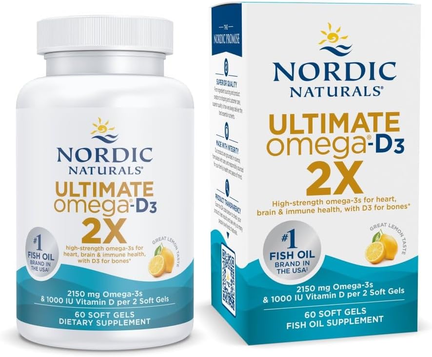 Nordic Naturals Ultimate Omega 2X avec vitamine D3, Saveur de citron - 60 gels mous - 2150 mg Omega-3 + 1000 UI D3 - EPA & DHA - Santé du cerveau, du coeur et de l'immunité - 30 portions
