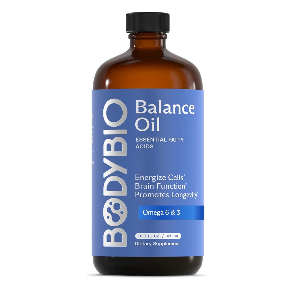 BodyBio Balance Oil - Vegan Omega 3 6 Supplément – Huile de carthame et de lin pressés à froid – soutient la fonction cérébrale, la peau saine et l'humeur