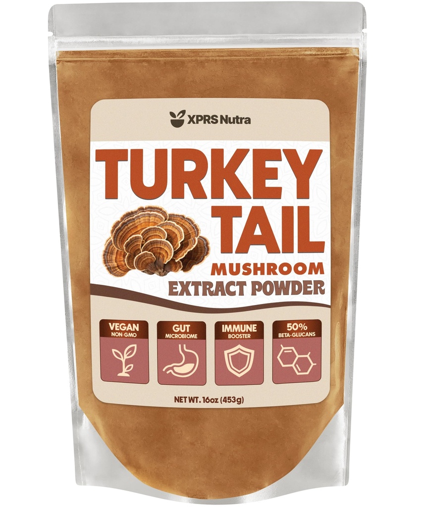 XPRS Nutra Turkey Tail Mushroom Extract Powder - Premium for Polysaccharides 57%, Boost Immunity - Vegan Friendly (16 oz)