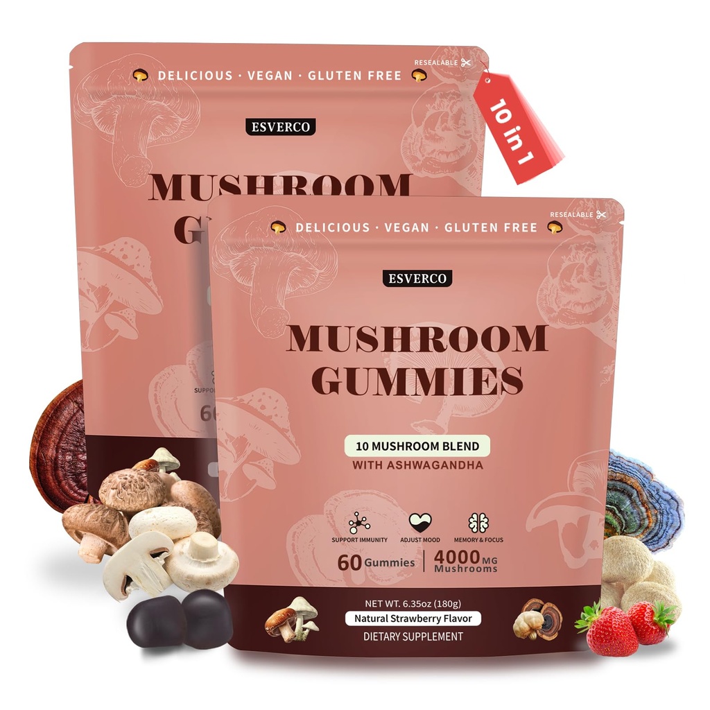Lions Mane Mushroom Gummies for Adults, 4000mg Mushroom Extract & 250mg Ashwagandha, Cognitive Support, Mood, Brain Health & Memory, Energy, Reishi, Cordyceps, Turkey Tail, Chaga, Vegan, 120 Count