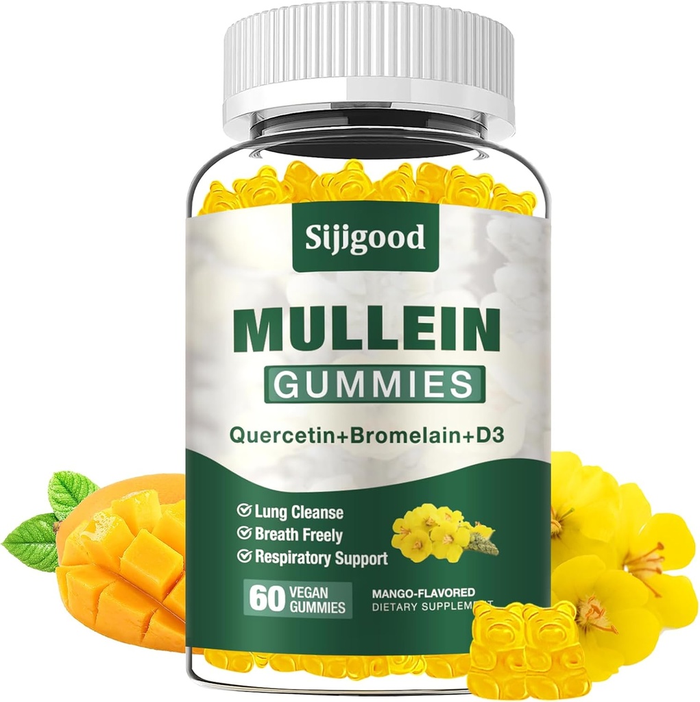 Gummies Mullein pour les poumons, Supplément d'extrait de feuille Mullein pour le soutien digestif et respiratoire et immunitaire avec Bromelain, Quercetin, Mango Flavor, 60 Comte
