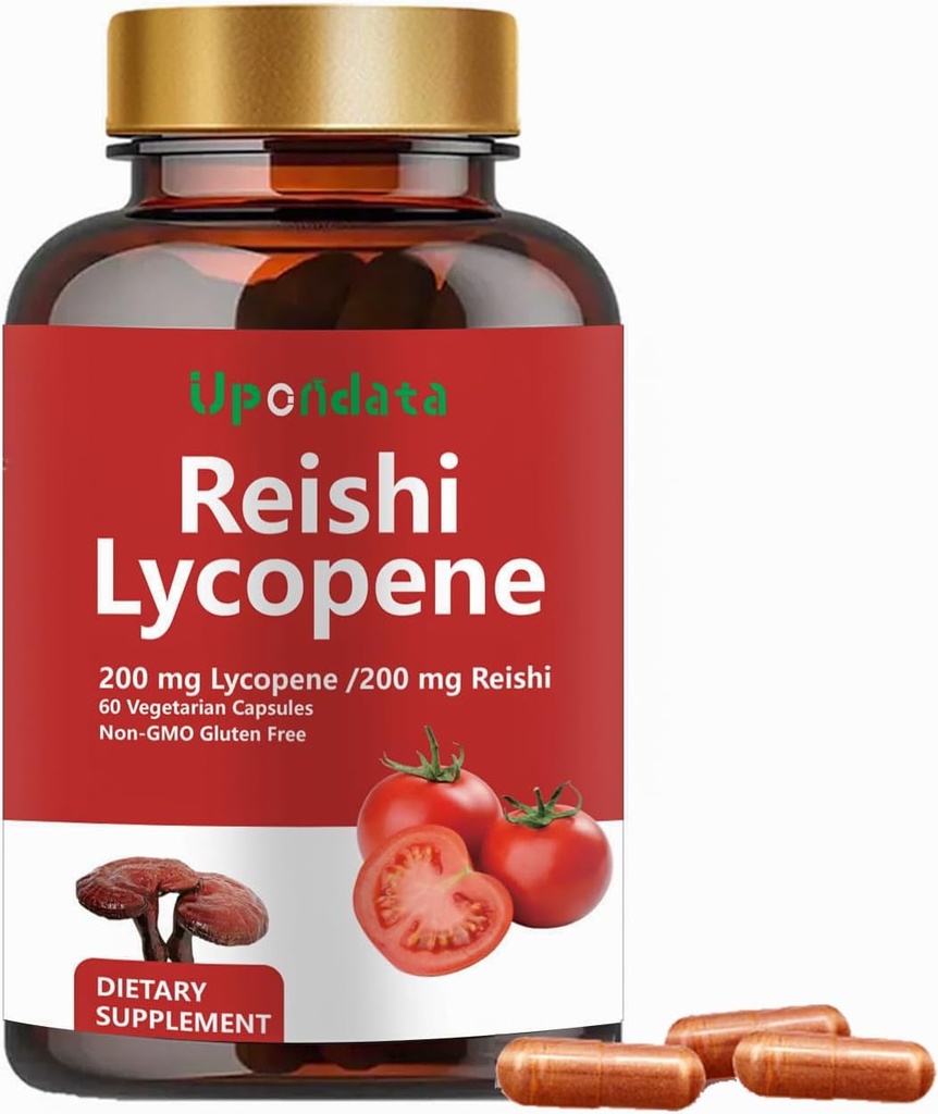 Capsules de lycopène, Lycopène naturel 200mg avec Mushroom Reishi Bio 200mg Supplément pour la santé de la prostate et le soutien immunitaire - Sans gluten, sans OGM, 60 Capsules (1 Pack)
