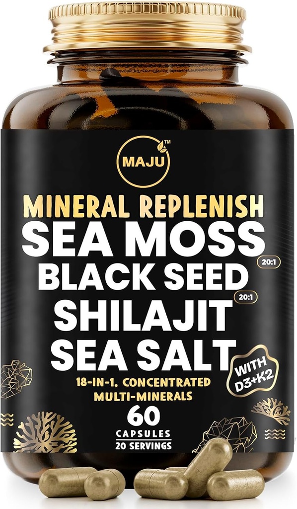 Maju Superfoods 18-en-1 Moss de mer, Graines noires, Shilajit, Sel de mer + D3 & K2, Extraits concentrés, Trace Multi Mineral Capsules, pour hommes et femmes suppléments d'électrolytes minéraux