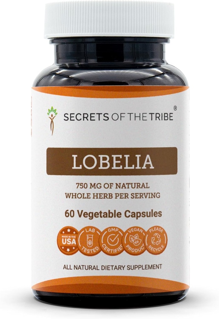 Secrets de la Tribe Lobelia 60 Capsules, 750 mg, Lobelia d'élevage responsable (Lobelia Inflata) Herbe séchée (60 Capsules)