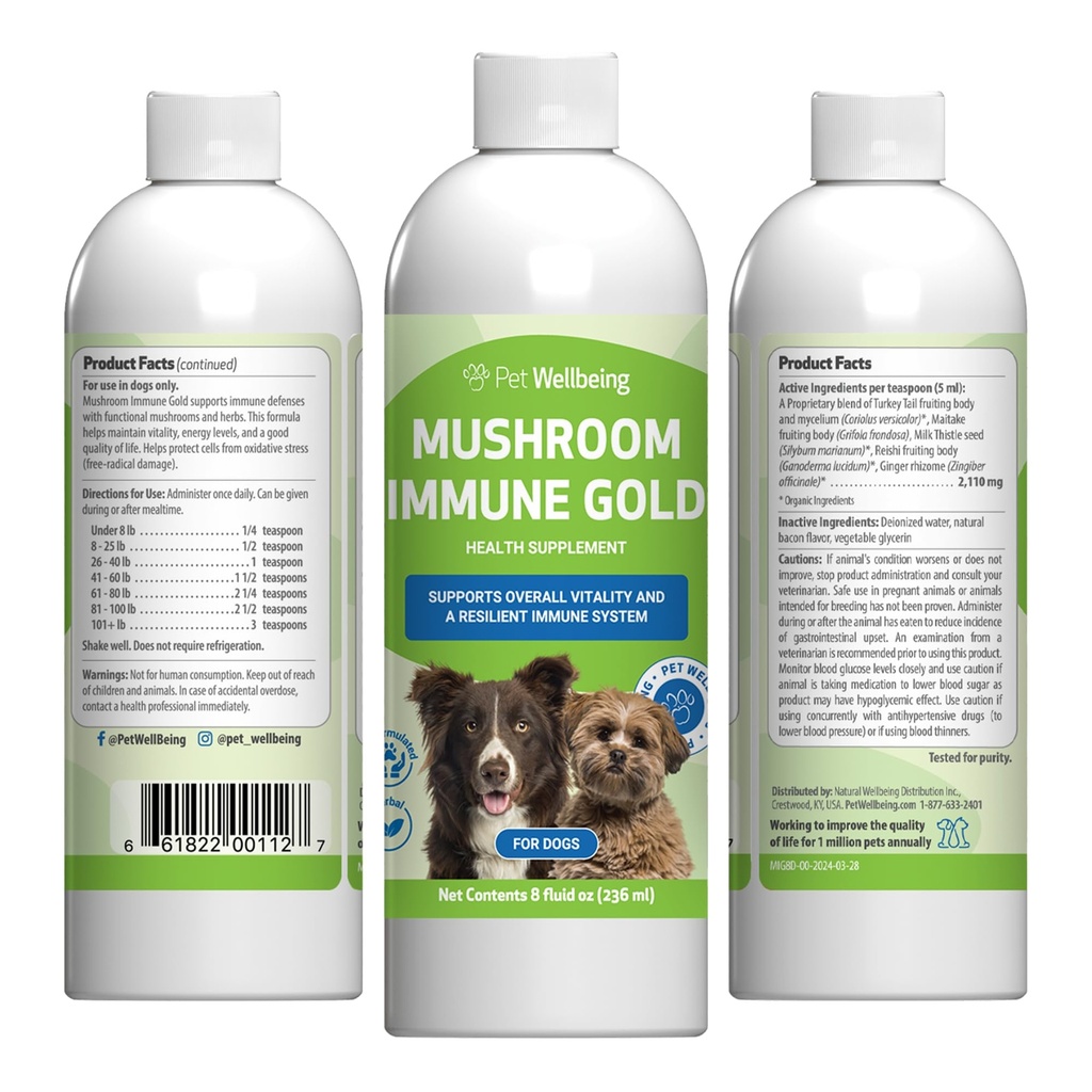 Pet Wellbeing Mushroom Immune Gold for Dogs - Complementary Immune Support with Functional Mushrooms Reishi, Maitake & Turkey Tail - NASC Certified & Vet-Formulated - 8 oz Liquid Formula