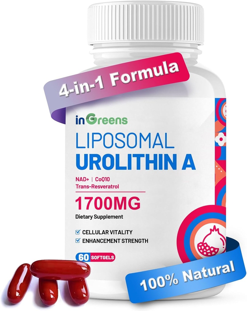 Urolithine Supplément 1700mg avec NAD+, CoQ10, Supplément Trans-Resveratrol pour hommes femmes, 60 Softgels pour la santé quotidienne et le soutien antioxydant, Énergie musculaire, Vieillissement en santé, Très Biodisponible