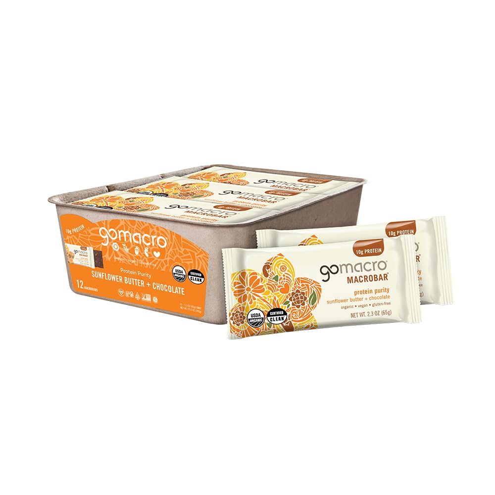 GoMacro MacroBar Barres de protéines végétales organiques - Beurre de tournesol + Chocolat (2.3 Bars d'Once, 12 Nombre