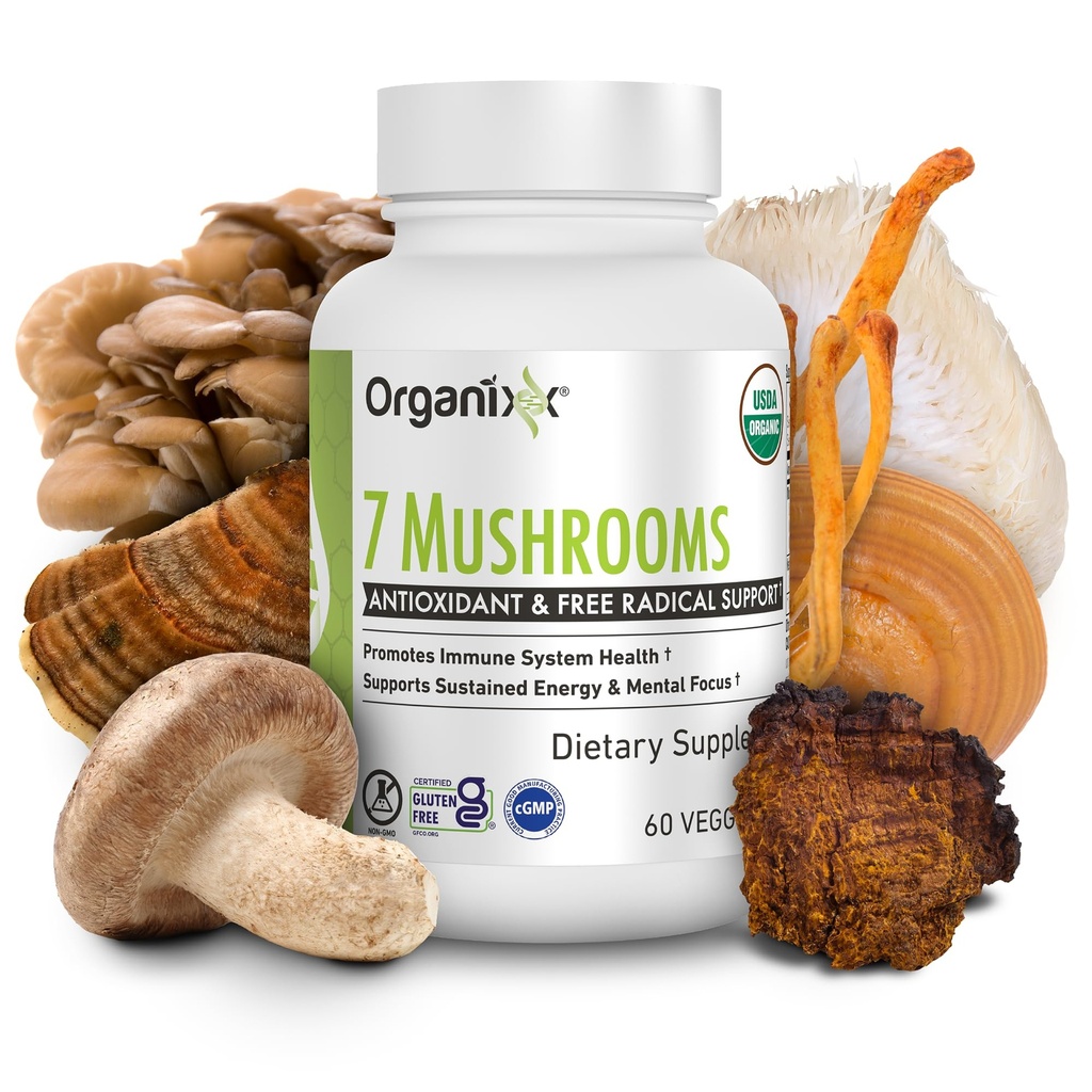 Organixx USDA Organic Mushroom Supplement, 7 Fermented Mushrooms – Lions Mane, Shiitake, Cordyceps, Turkey Tail, Reishi – for Immune & Digestion Support, 30 Count (Pack of 2)
