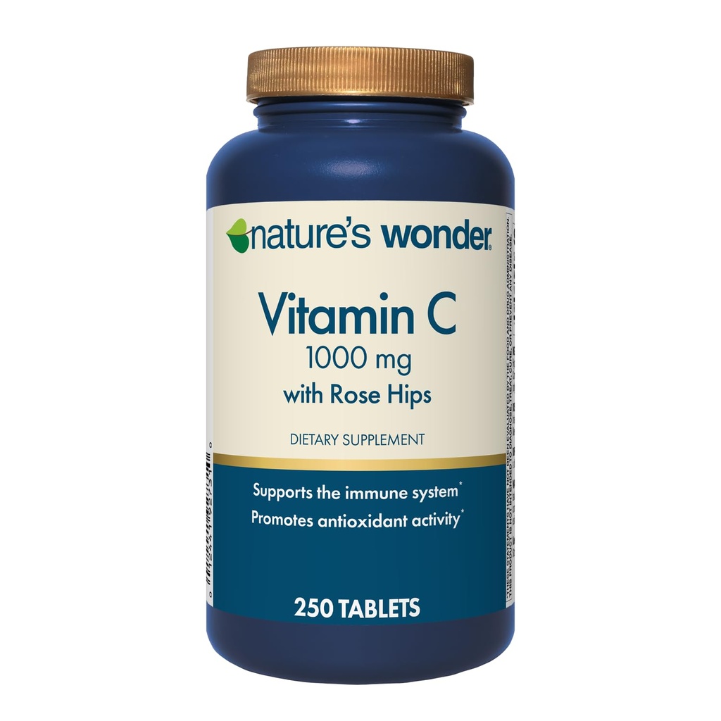 Nature's Wonder Vitamine C 1000 mg avec des comprimés de hanches roses pour la santé immunitaire, 250 portions, 250 nombre