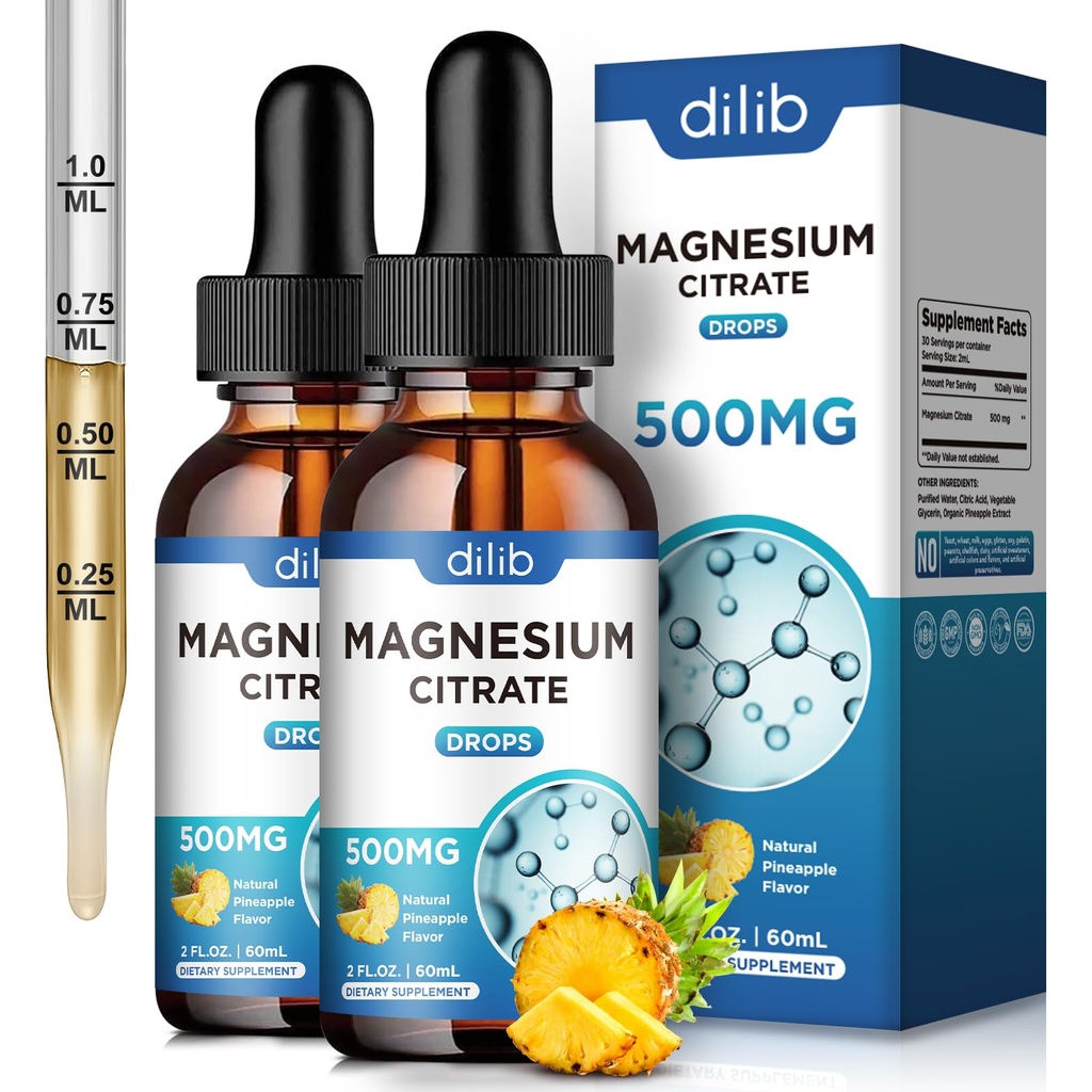 Magnesium Citrate Liquid Drops, Liquid Magnesium Supplement 500mg, Support Stress Relief, Sleep, Mood, Bones, Muscles, Relaxation, Vegan Natural Pineapple Flavor 4 Fl Oz