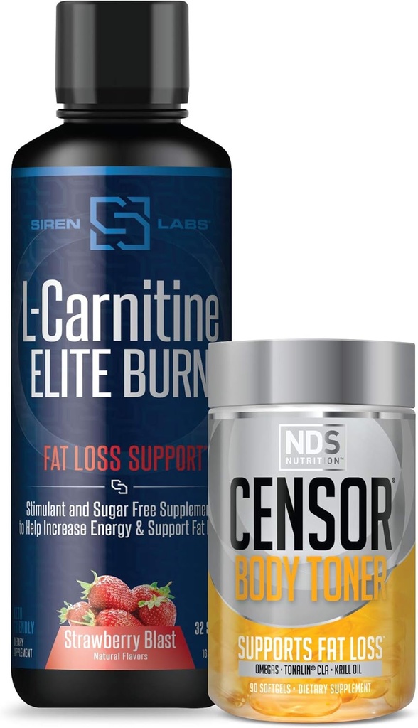 Censeur NDS Nutrition Fat Loss-Body Toner avec CLA (90 Softgels) et Siren Labs L-Carnitine Elite Burn Fat Loss Support Strawberry Blast 3000 mg (32 portions)