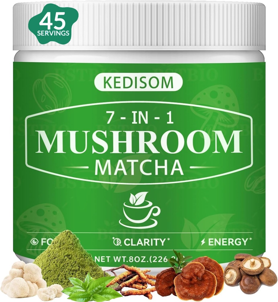 Mushroom Matcha, Adaptogenic Mushroom Blend with 7 Superfood Mushrooms and Ceremonial-Grade Matcha for Energy, Focus, Digestion, Immunity with Turkey Tail, Shiitake, Lion's Mane, 45 servings