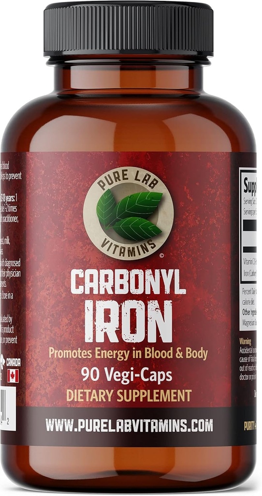 Vitamines de laboratoire pur Carbonyle Fer - 90 capsules de végétalien Formulation unique de fer métallique avec VIT C, Biodisponibilité supérieure - Non constipante, soutient la formation de globules rouges fabriqués au Canada