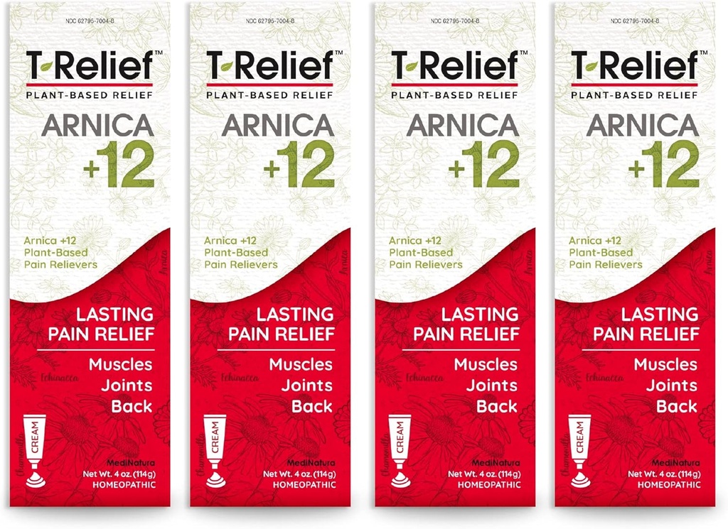 T-Relief Arnica +12 Crème Actif naturel pour soulager la douleur dans le dos Douleurs musculaires articulaires et étourdissement, corps entier Soulagement d'action rapide pour les femmes et les hommes - 4 oz (4 pack)