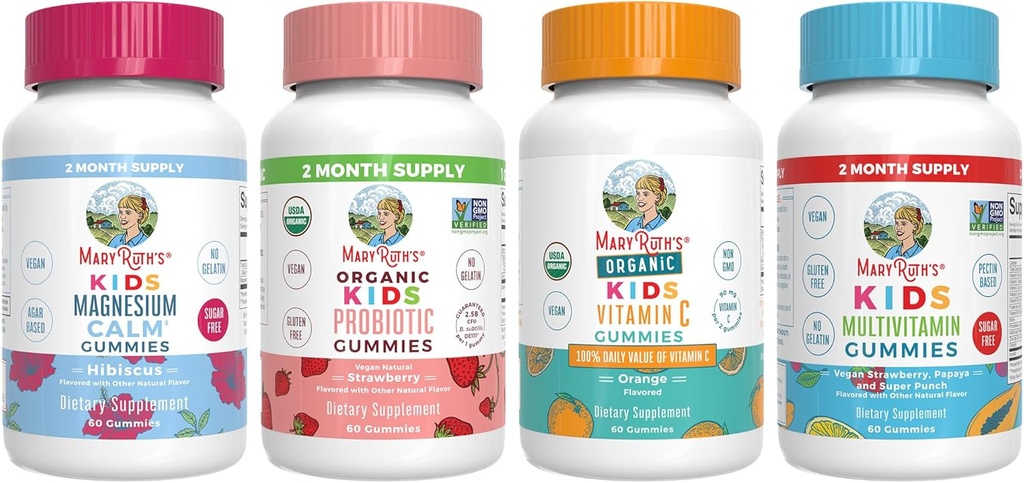 MaryRuth Organics Multivitamine, Probiotique, Magnésium Calme et Vitamine C Gummies pour les enfants.