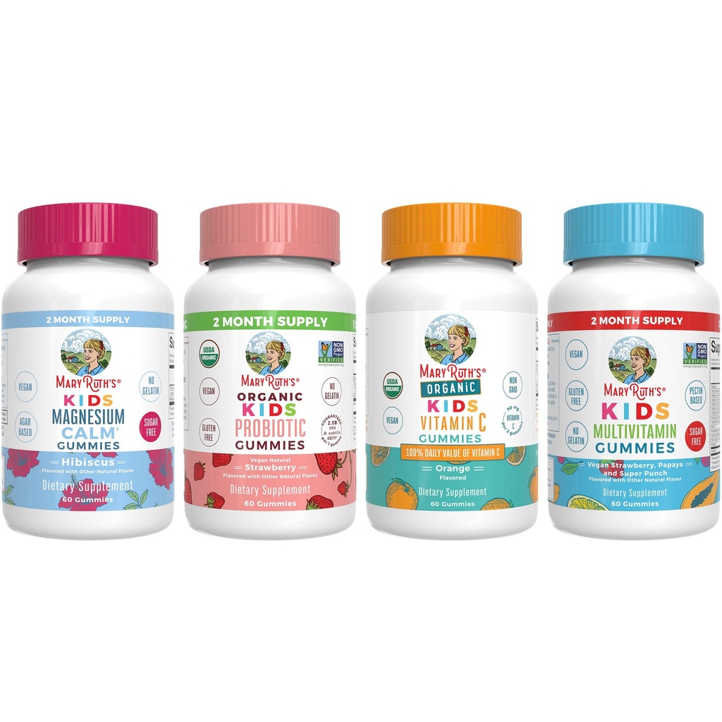 MaryRuth Organics Multivitamine, Probiotique, Magnésium Calme et Vitamine C Gummies pour les enfants.