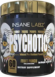 Insane Labz Or psychotique, poudre de pré-entraînement stimulante, énergie latente extrême, pompes et endurance avec Beta Alanine, DMAE Bitartrate, NO Booster (60 portions, punch fruit)