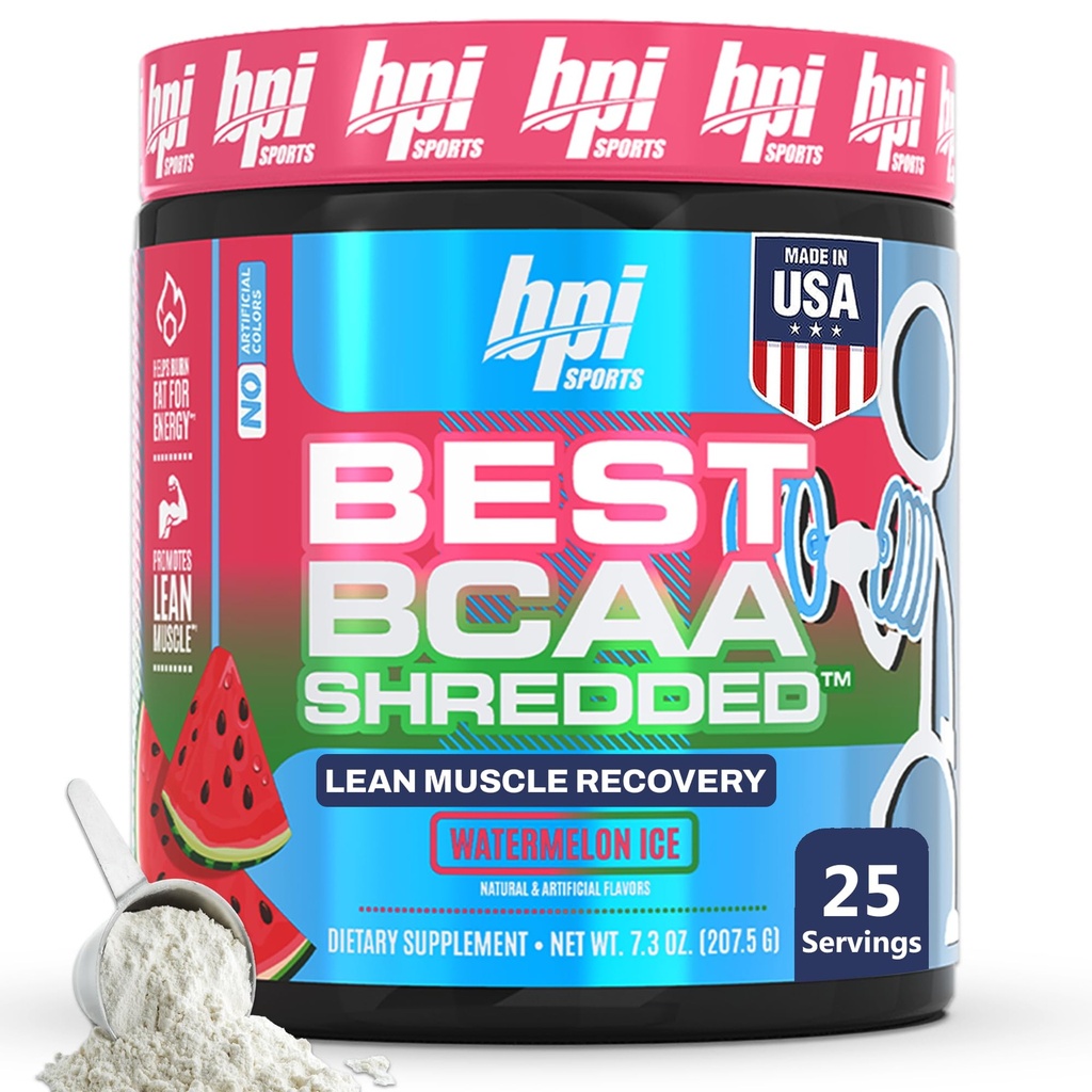 BPI Sports Best BCAA Shredded - Sans caféine boisson de récupération thermogénique, Lean Muscle Building BCAA poudre pour les femmes et les hommes, pré-entraînement BCAAs Amino Acides Buvez- pastèque ICE - 25 portions