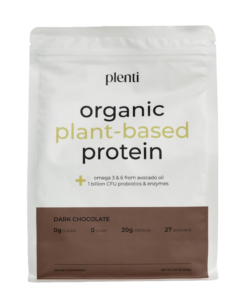 plenti Organic Plant-Based Protein Powder: Dark Chocolate - 20g Pea Protein + Probiotics, Digestive Enzymes & Omega 3-6, Gut Friendly, Sugar Free, 27 Servings (2 lbs)